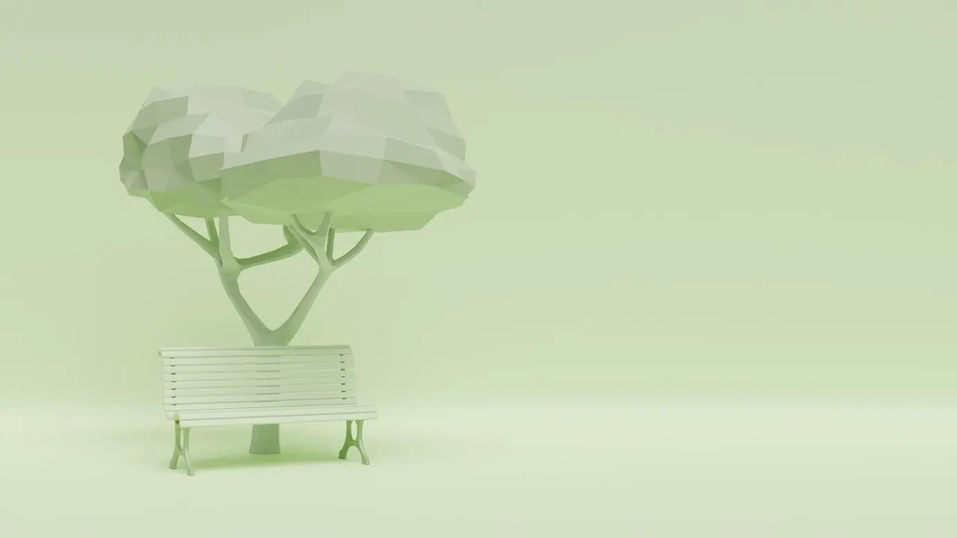 Bank und Baum vor pastellgrünem Hintergrund, monochromes 3D-Rendering mit Platz für Text.