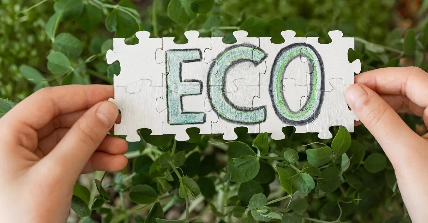 In den Händen gehaltenes Puzzle mit der Aufschrift 'eco' vor einem Hintergrund von Microgreens