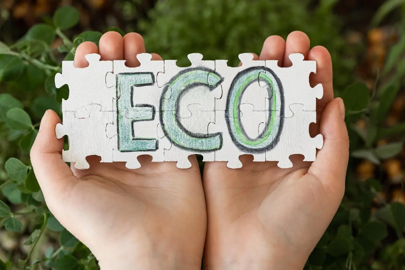 Ein Puzzle mit der Aufschrift „eco“ in den Händen vor dem Hintergrund von Microgreens.